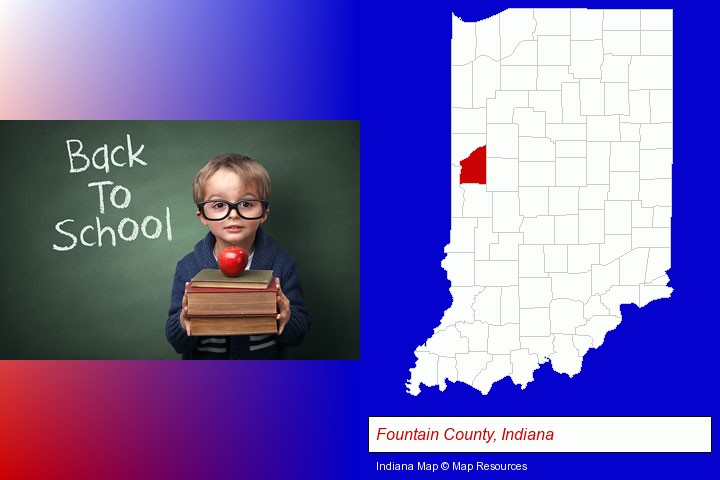 the back-to-school concept; Fountain County, Indiana highlighted in red on a map