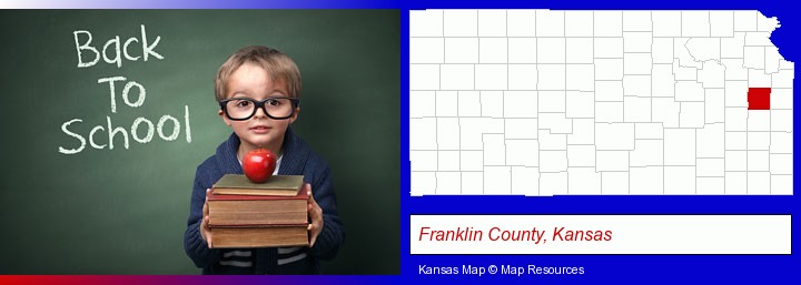 the back-to-school concept; Franklin County, Kansas highlighted in red on a map