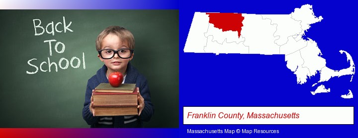 the back-to-school concept; Franklin County, Massachusetts highlighted in red on a map
