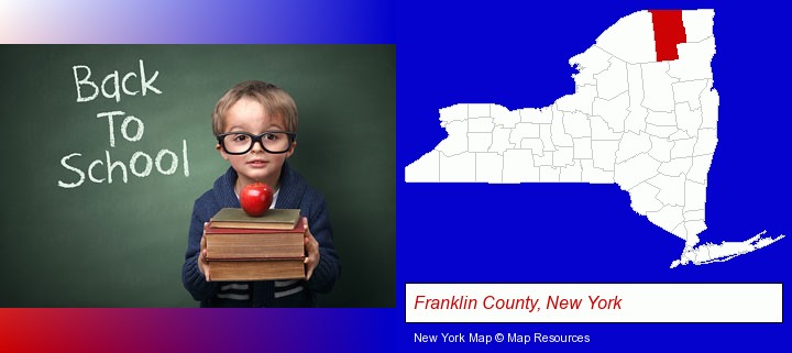 the back-to-school concept; Franklin County, New York highlighted in red on a map