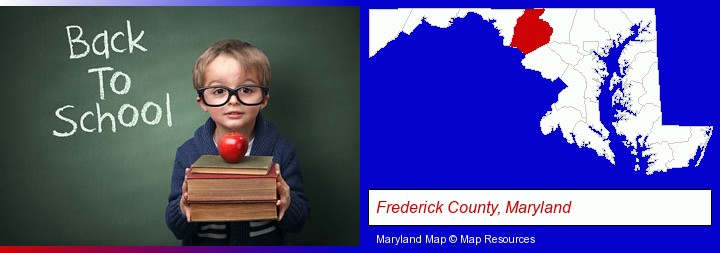 the back-to-school concept; Frederick County, Maryland highlighted in red on a map