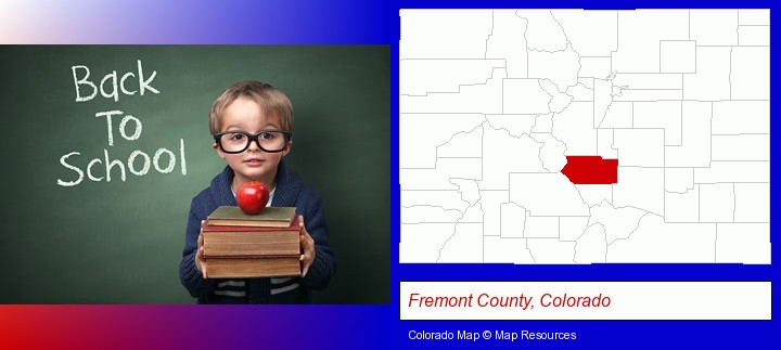 the back-to-school concept; Fremont County, Colorado highlighted in red on a map