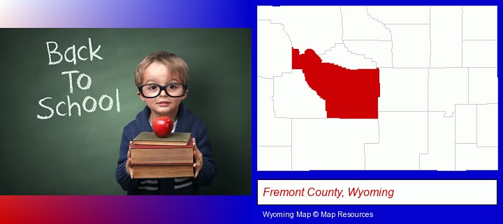 the back-to-school concept; Fremont County, Wyoming highlighted in red on a map
