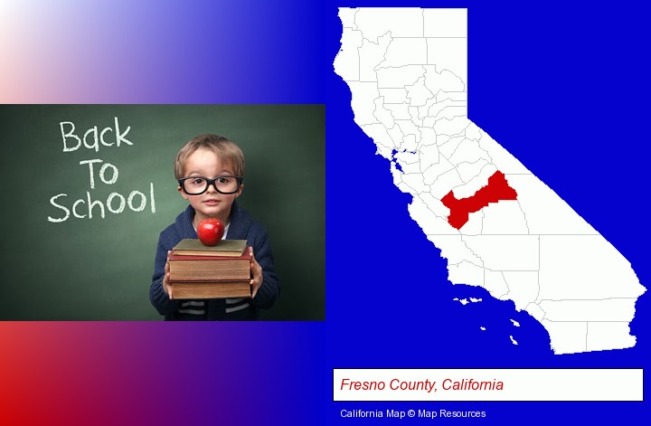 the back-to-school concept; Fresno County, California highlighted in red on a map