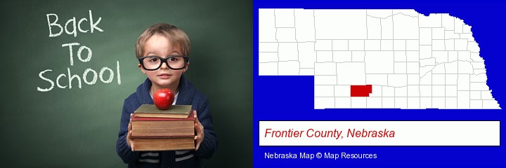the back-to-school concept; Frontier County, Nebraska highlighted in red on a map