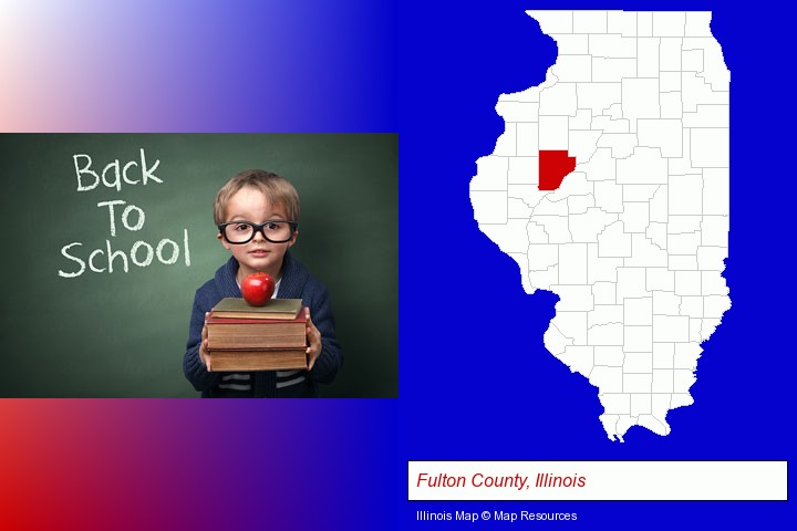 the back-to-school concept; Fulton County, Illinois highlighted in red on a map