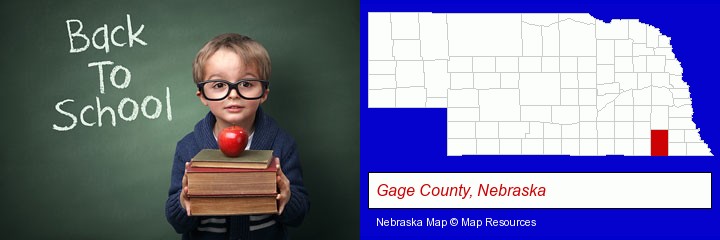 the back-to-school concept; Gage County, Nebraska highlighted in red on a map