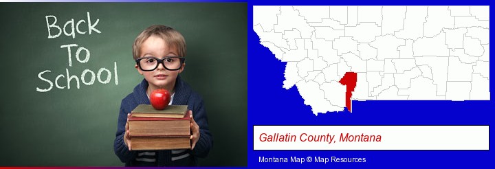 the back-to-school concept; Gallatin County, Montana highlighted in red on a map