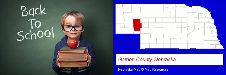 the back-to-school concept; Garden County, Nebraska highlighted in red on a map