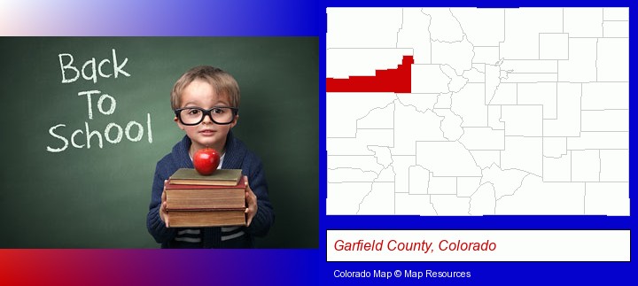 the back-to-school concept; Garfield County, Colorado highlighted in red on a map