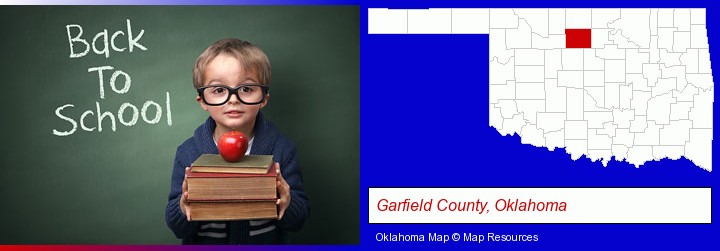 the back-to-school concept; Garfield County, Oklahoma highlighted in red on a map