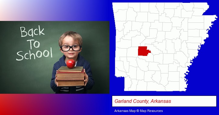 the back-to-school concept; Garland County, Arkansas highlighted in red on a map