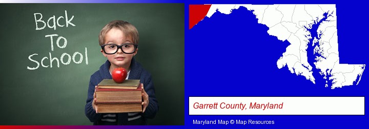 the back-to-school concept; Garrett County, Maryland highlighted in red on a map