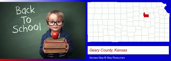 the back-to-school concept; Geary County, Kansas highlighted in red on a map