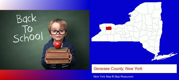 the back-to-school concept; Genesee County, New York highlighted in red on a map
