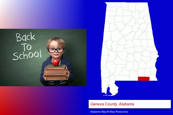 the back-to-school concept; Geneva County, Alabama highlighted in red on a map