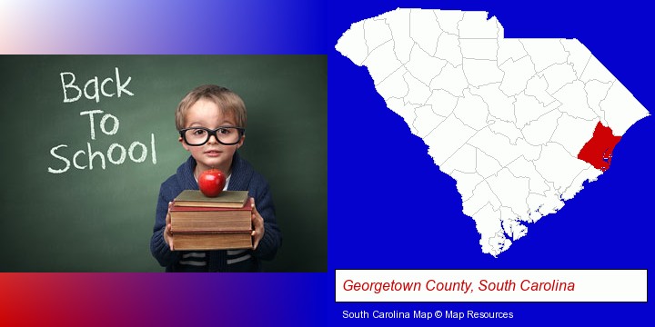 the back-to-school concept; Georgetown County, South Carolina highlighted in red on a map