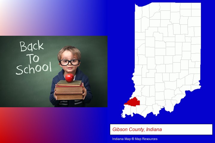the back-to-school concept; Gibson County, Indiana highlighted in red on a map