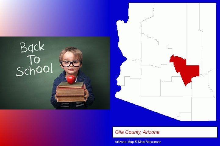 the back-to-school concept; Gila County, Arizona highlighted in red on a map