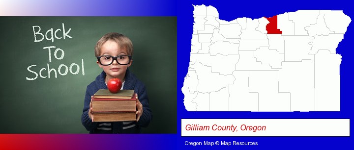 the back-to-school concept; Gilliam County, Oregon highlighted in red on a map