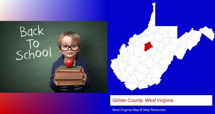 the back-to-school concept; Gilmer County, West Virginia highlighted in red on a map