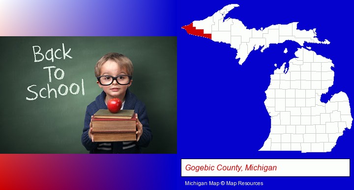 the back-to-school concept; Gogebic County, Michigan highlighted in red on a map