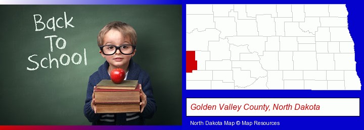 the back-to-school concept; Golden Valley County, North Dakota highlighted in red on a map