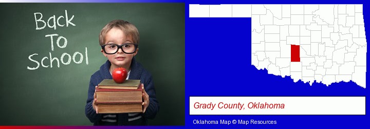 the back-to-school concept; Grady County, Oklahoma highlighted in red on a map