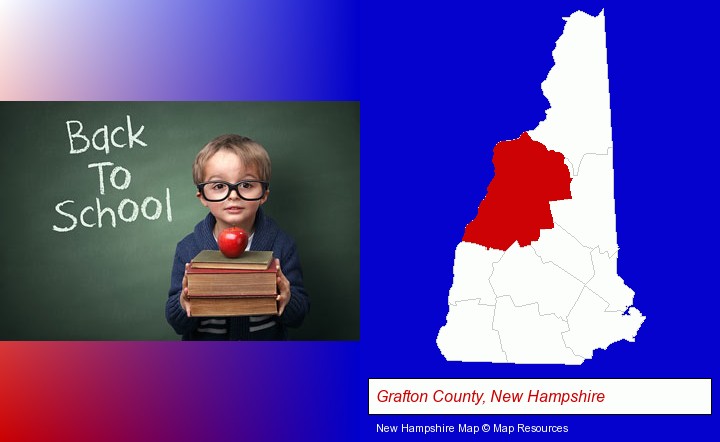the back-to-school concept; Grafton County, New Hampshire highlighted in red on a map