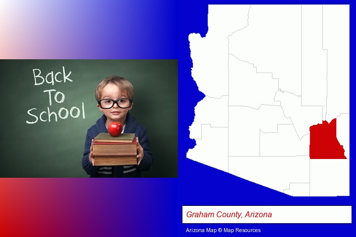 the back-to-school concept; Graham County, Arizona highlighted in red on a map