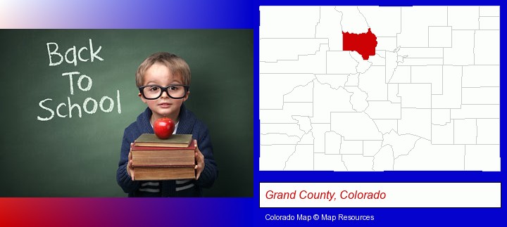 the back-to-school concept; Grand County, Colorado highlighted in red on a map