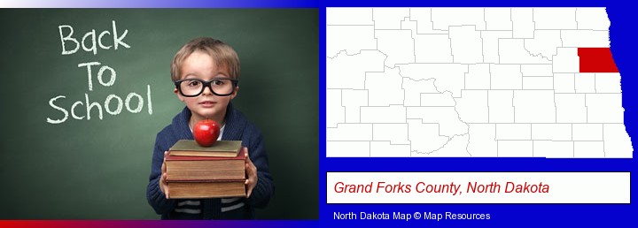 the back-to-school concept; Grand Forks County, North Dakota highlighted in red on a map