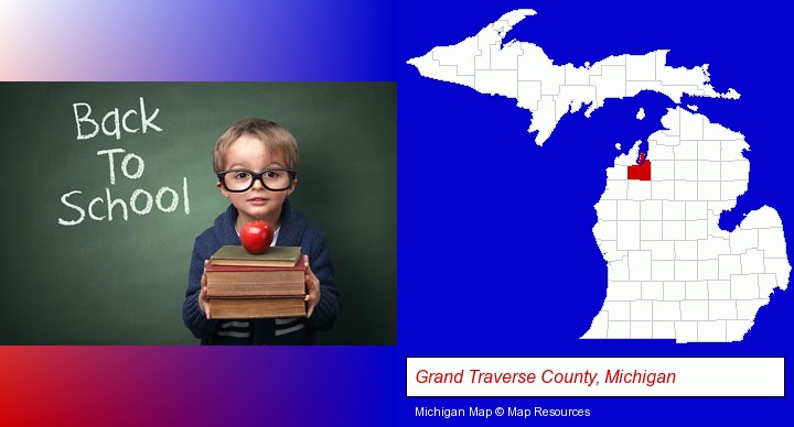 the back-to-school concept; Grand Traverse County, Michigan highlighted in red on a map