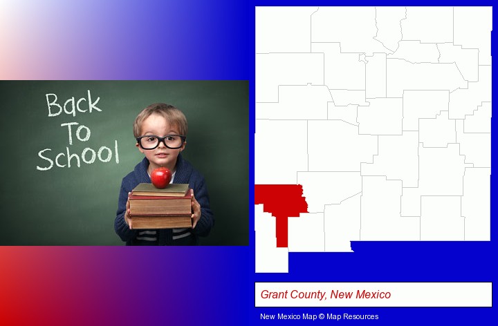 the back-to-school concept; Grant County, New Mexico highlighted in red on a map