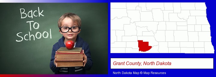 the back-to-school concept; Grant County, North Dakota highlighted in red on a map