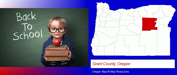 the back-to-school concept; Grant County, Oregon highlighted in red on a map