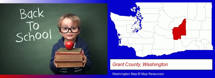 the back-to-school concept; Grant County, Washington highlighted in red on a map