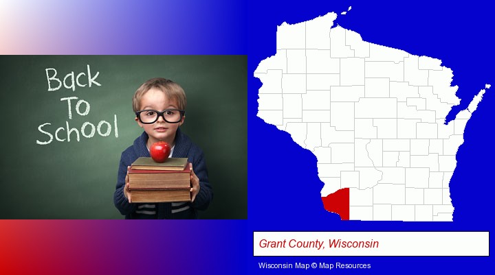 the back-to-school concept; Grant County, Wisconsin highlighted in red on a map