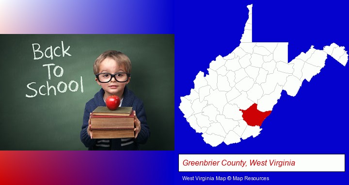 the back-to-school concept; Greenbrier County, West Virginia highlighted in red on a map