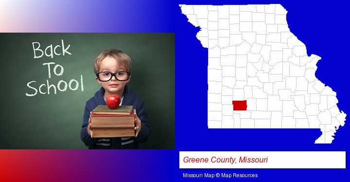 the back-to-school concept; Greene County, Missouri highlighted in red on a map
