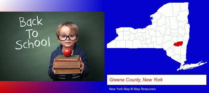 the back-to-school concept; Greene County, New York highlighted in red on a map