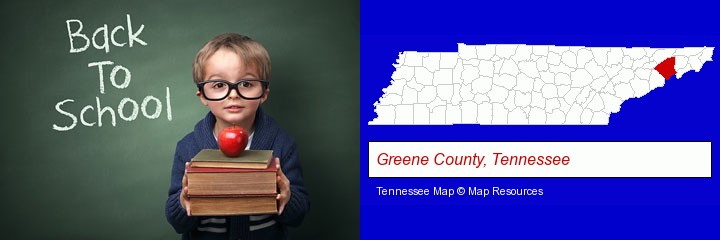 the back-to-school concept; Greene County, Tennessee highlighted in red on a map