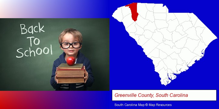 the back-to-school concept; Greenville County, South Carolina highlighted in red on a map