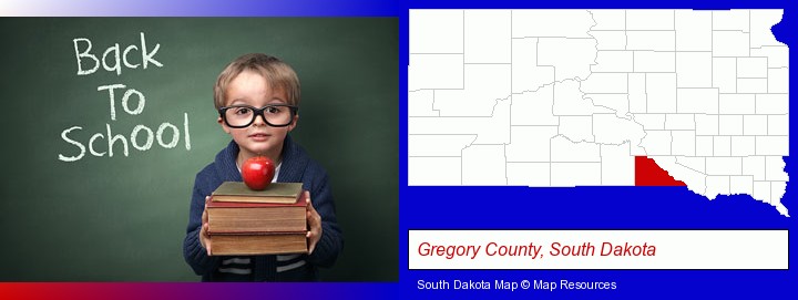 the back-to-school concept; Gregory County, South Dakota highlighted in red on a map