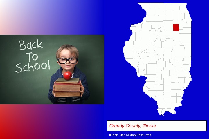 the back-to-school concept; Grundy County, Illinois highlighted in red on a map