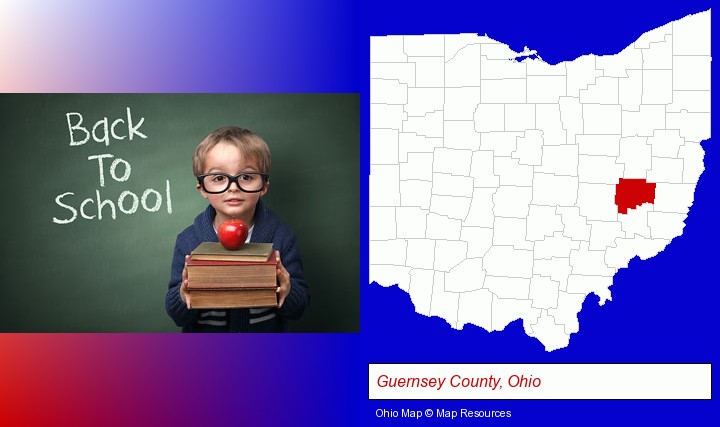 the back-to-school concept; Guernsey County, Ohio highlighted in red on a map