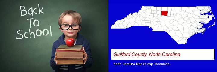 the back-to-school concept; Guilford County, North Carolina highlighted in red on a map