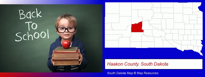 the back-to-school concept; Haakon County, South Dakota highlighted in red on a map