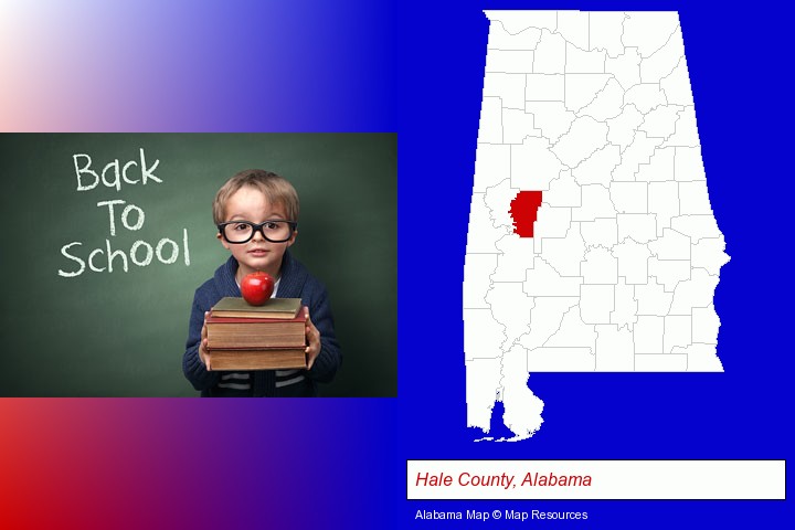 the back-to-school concept; Hale County, Alabama highlighted in red on a map