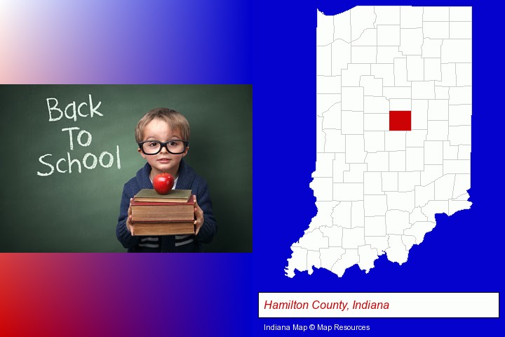 the back-to-school concept; Hamilton County, Indiana highlighted in red on a map